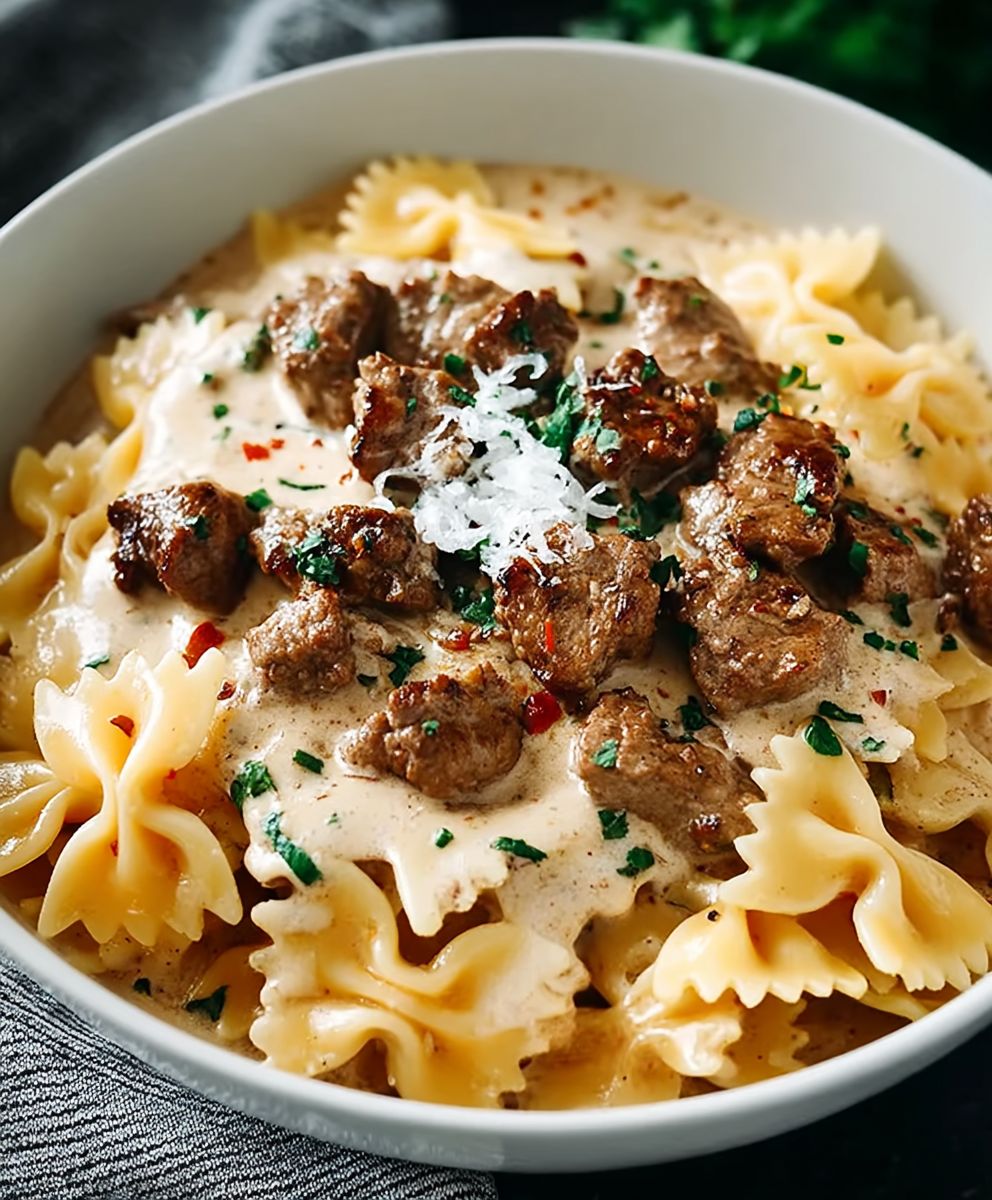 Beef Bowtie Pasta Alfredo