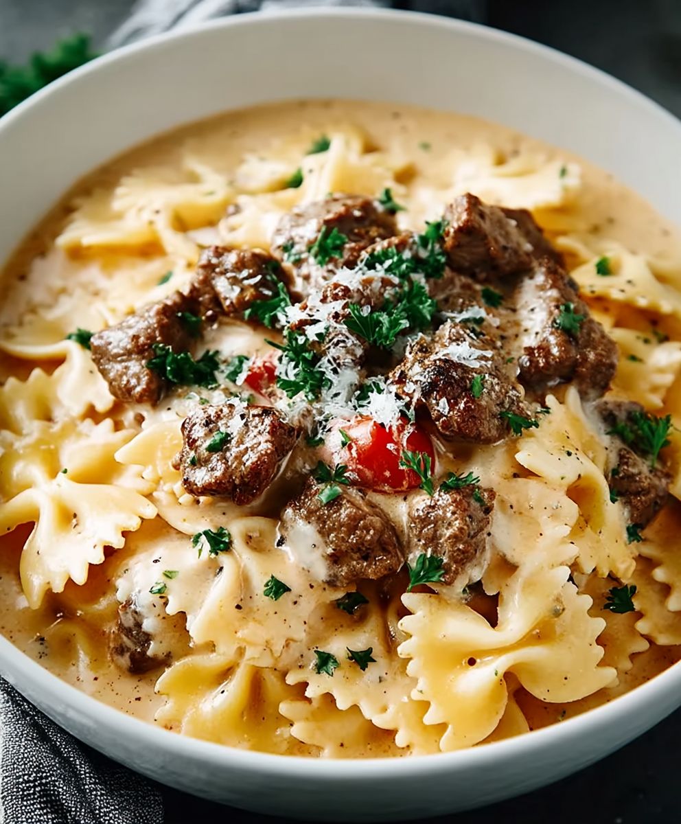 Beef Bowtie Pasta Alfredo