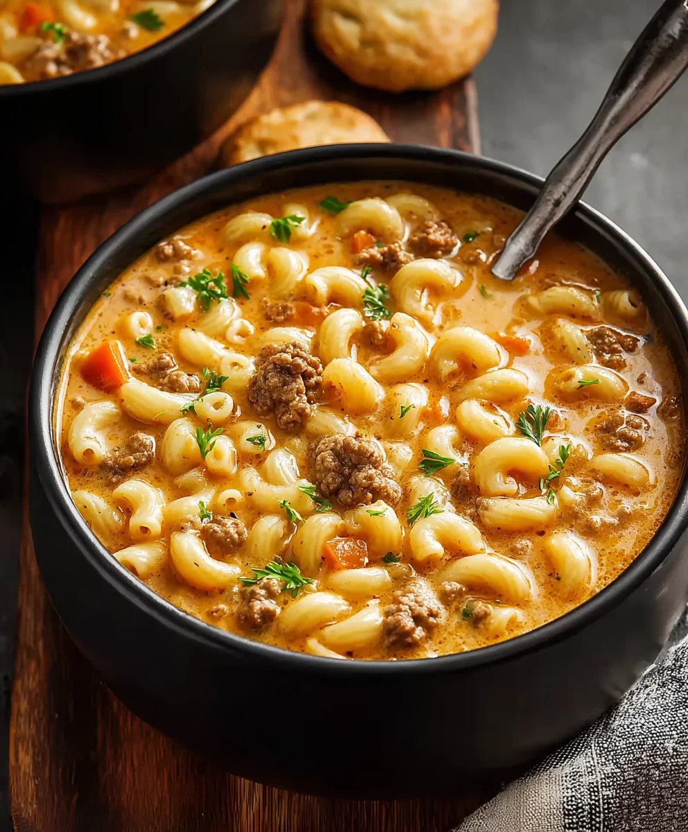 Hearty Cheeseburger Mac Soup