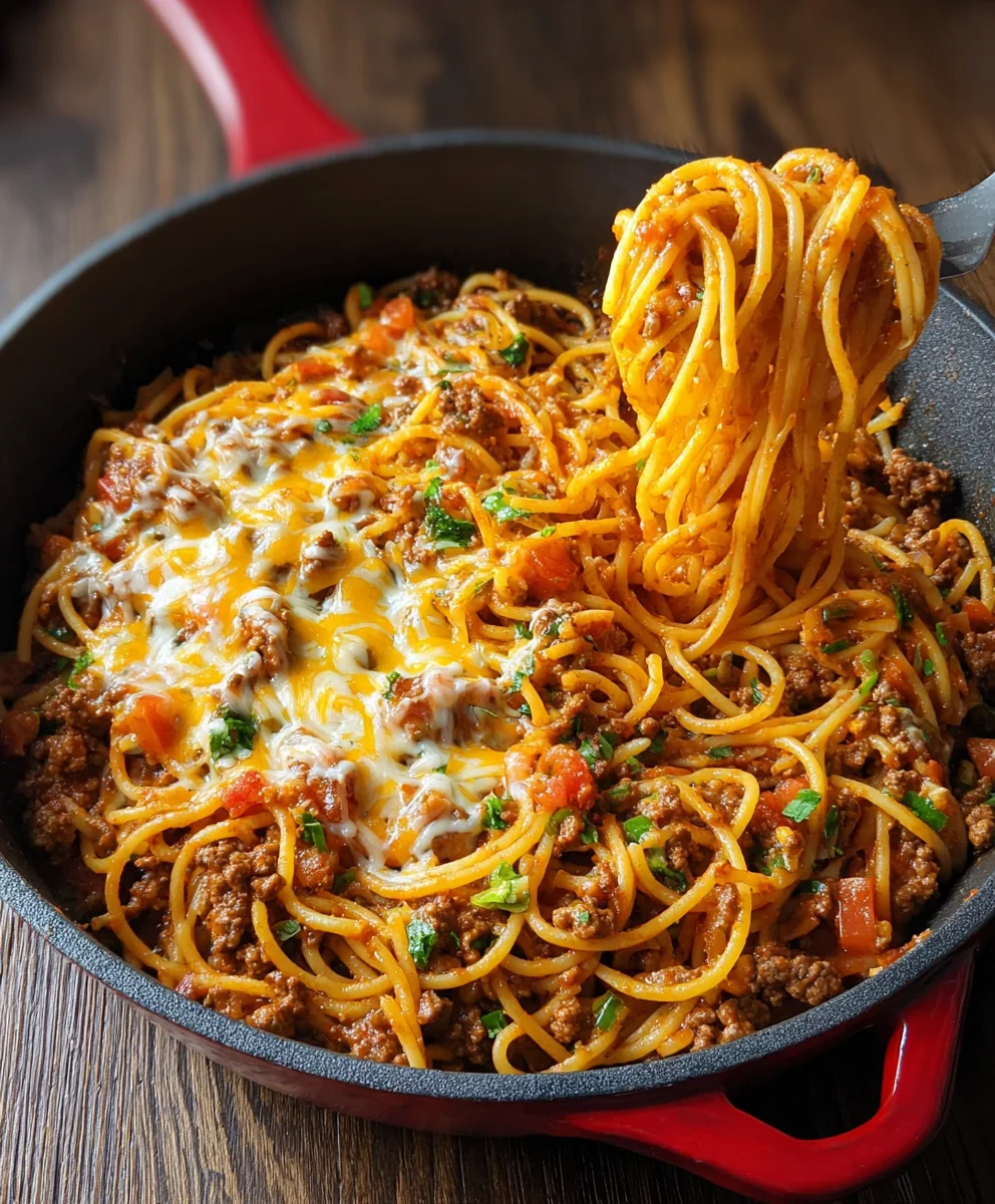 One Pot Beef Taco Spaghetti